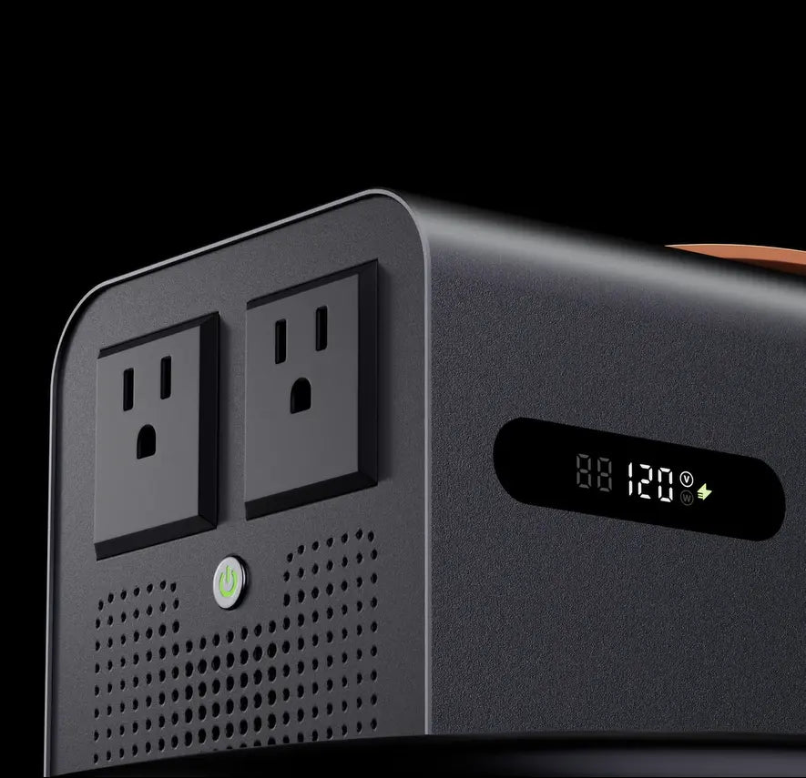 Front display showing 120V output and power status.Close-up of 120V AC outlets and status LED on the RoamEnergy unit.