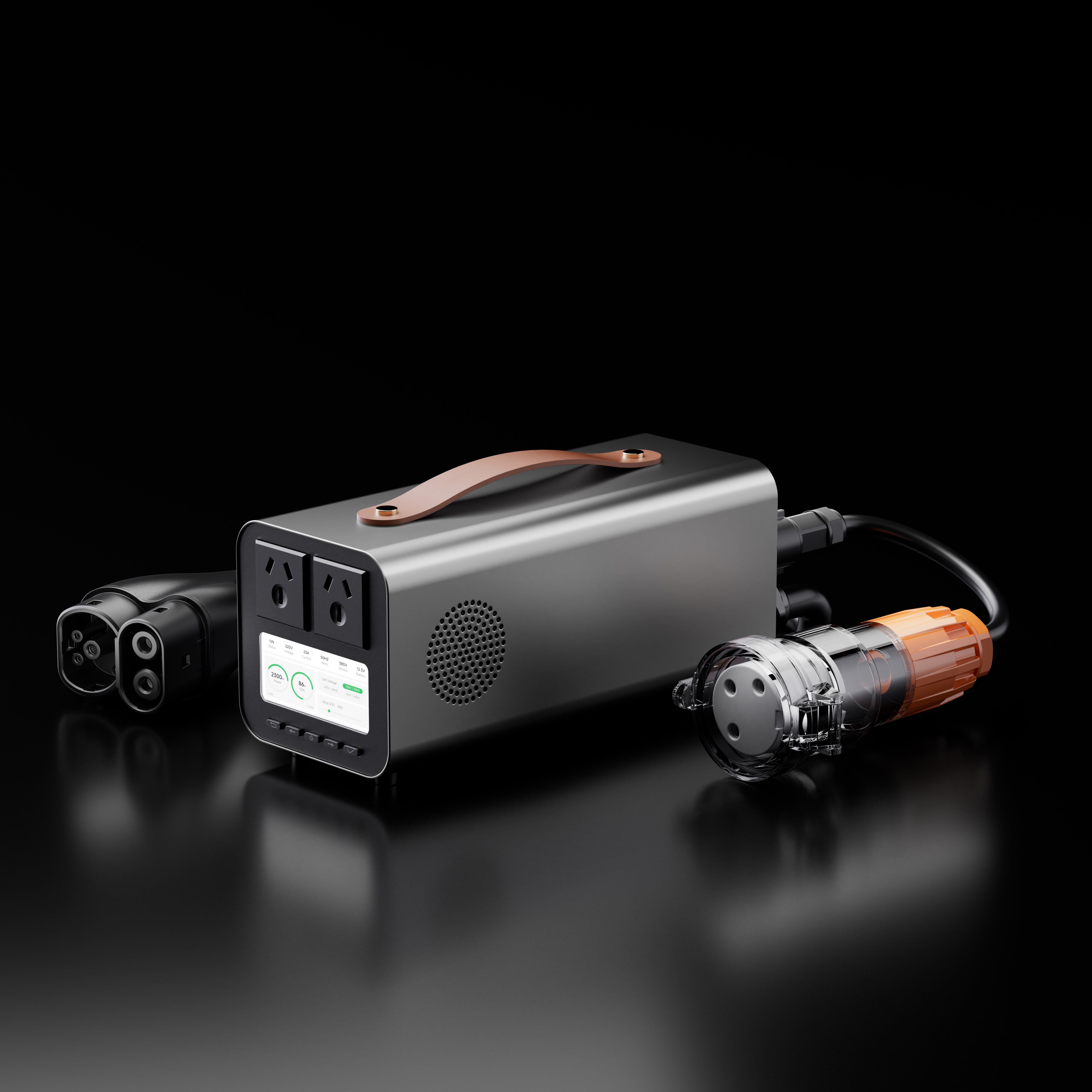 RoamEnergy PowerBridge Pro Australia 240V portable EV backup power system front view with AU outlet and high-power connector