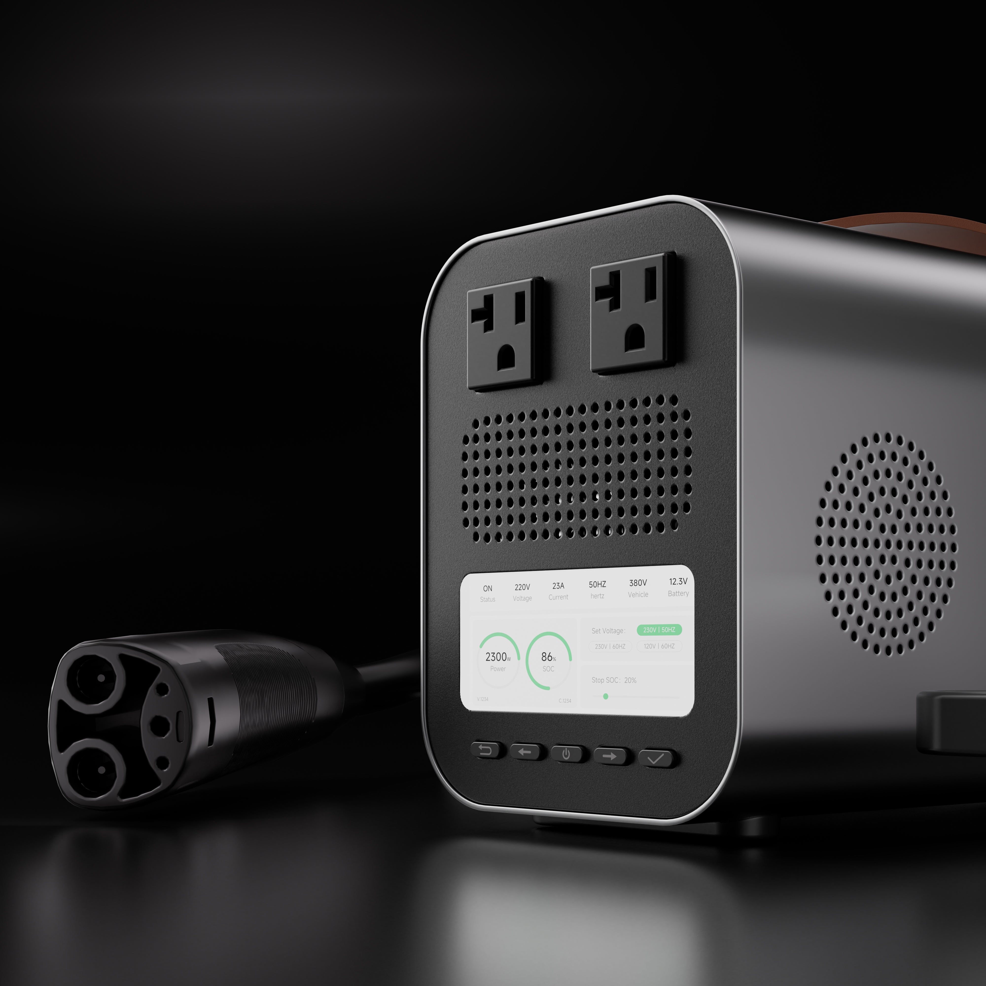 RoamEnergy PowerBridge Pro North America 120V outlet display and CCS connector for portable EV backup power
