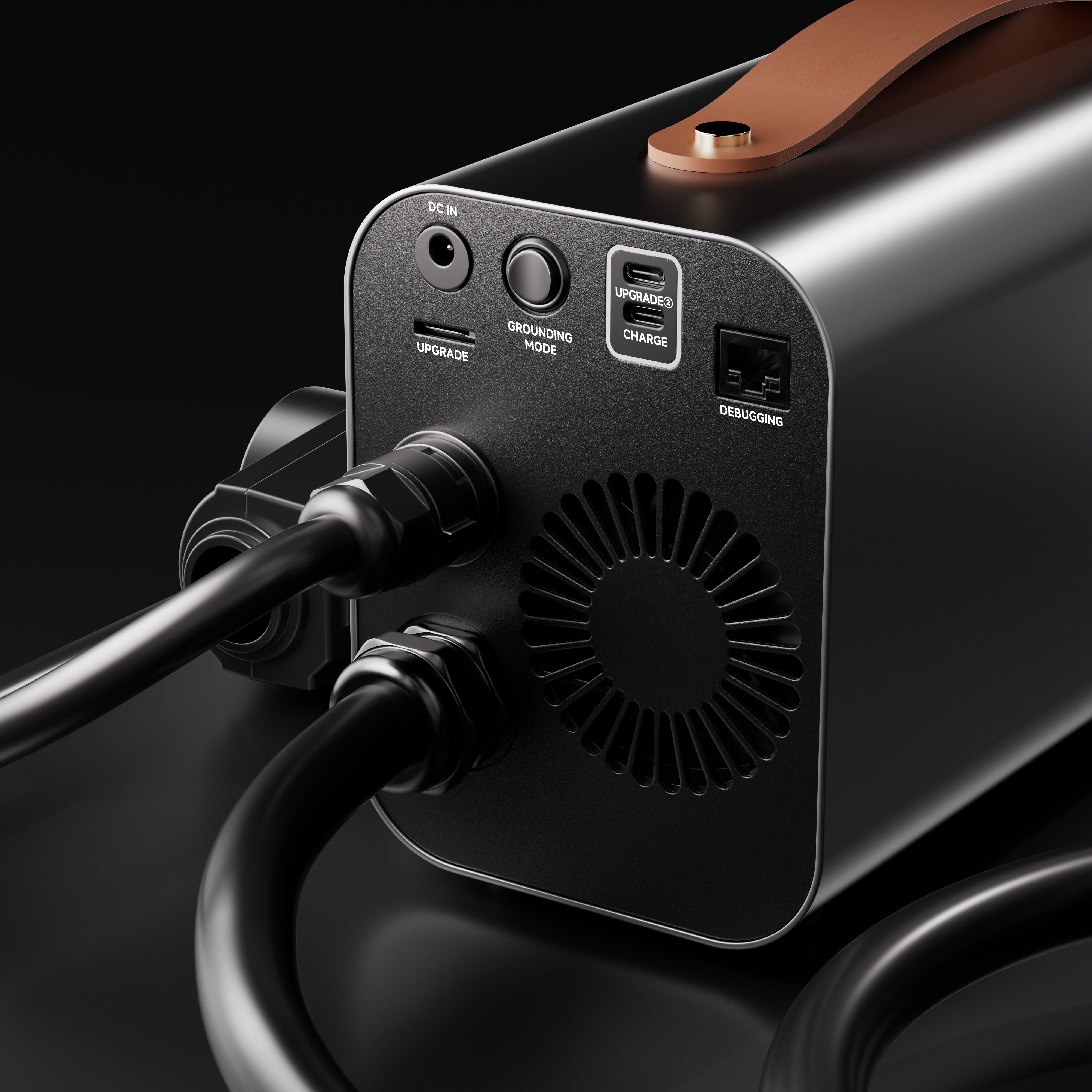 RoamEnergy PowerBridge Pro North America rear panel with cooling vent upgrade port grounding mode and EV power cables