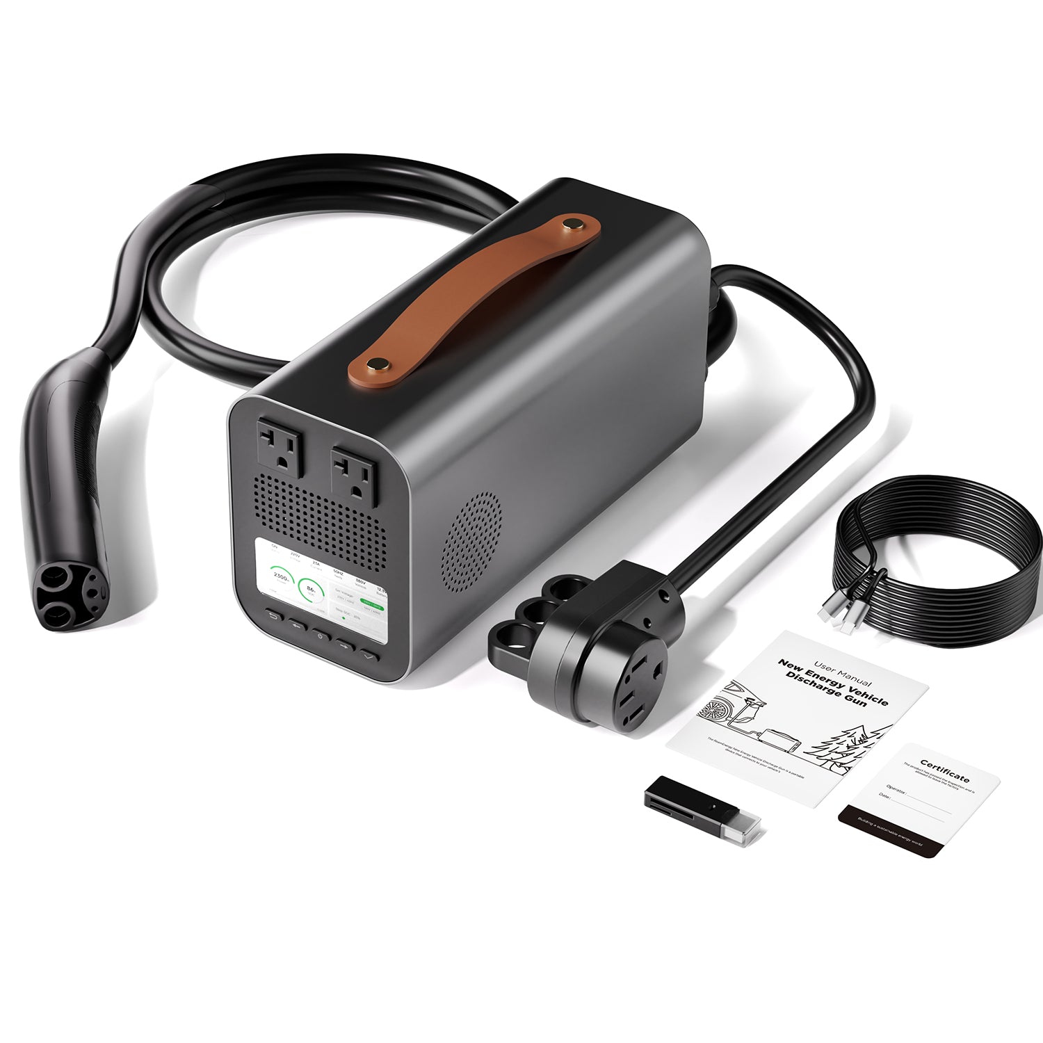 RoamEnergy PowerBridge Pro North America portable EV backup power system with EV cable NEMA 14-50 adapter USB cable user manual and accessories