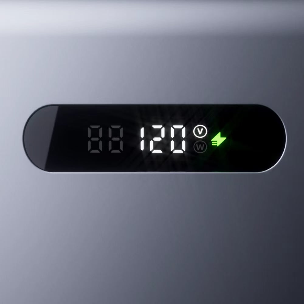 Digital display shows live 120V status and safety indicators at a glance
